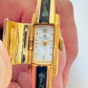 Vintage Enamel Amaryllis Bucherer Women's Hidden Dial Cuff Bracelet Watch Gold